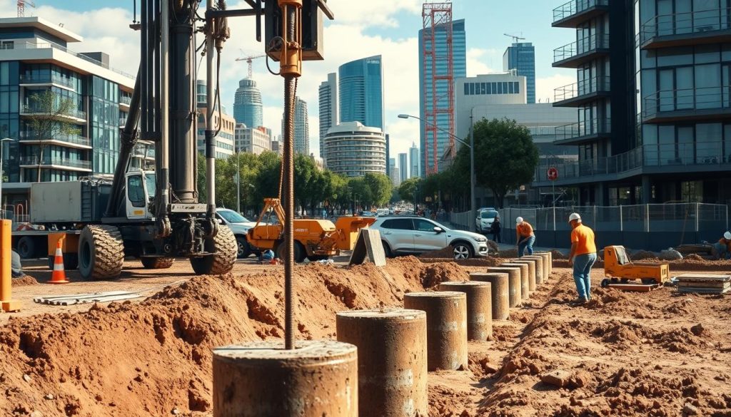 A bored pier installation in a construction site, showcasing deep, cylindrical holes being drilled into the earth. In the foreground, a large drilling rig is actively working, with drill bits and machinery clearly visible. The middle ground features construction workers wearing hard hats and safety gear, focused on their tasks, surrounded by construction materials and equipment. The background displays a Melbourne skyline, with a mix of modern buildings and tree-lined streets. The scene is illuminated by natural daylight, casting soft shadows and giving a professional and industrious atmosphere. A wide-angle perspective captures the entirety of the construction site, emphasizing the scale and precision of the bored pier underpinning process.