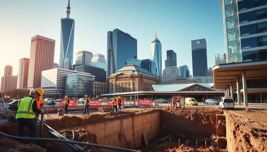 A bustling Melbourne cityscape during the day, showcasing a blend of modern and historic architecture. In the foreground, skilled construction workers in professional attire are engaged in foundation underpinning, using hydraulic jacks and concrete mix. The middle ground features partially excavated soil, exposing foundation walls, with safety equipment like helmets and barriers. The background showcases iconic Melbourne landmarks, such as the Eureka Tower and Flinders Street Station under a clear blue sky, with soft natural sunlight illuminating the scene. The atmosphere is industrious yet calm, reflecting professionalism and expertise in foundation repairs. Shot from a slightly elevated angle to capture both the detailed work and the impressive skyline, ensuring a sense of depth and clarity.