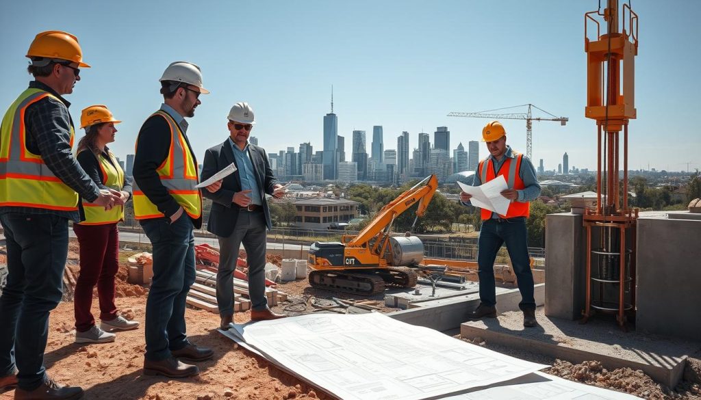 A busy construction site in Melbourne, focusing on underpinning techniques that enhance the stability of residential buildings in Banyule. In the foreground, a professional team of engineers and construction workers, dressed in safety gear and business casual attire, examines blueprints and discusses the underpinning process. In the middle ground, detailed machinery and tools used for underpinning, such as hydraulic jacks and concrete forms, are actively working, illustrating the precision and expertise involved. The background features a skyline of Melbourne with recognizable landmarks, under a bright, clear sky flooded with natural sunlight, creating a sense of optimism and progress. The mood is professional yet inviting, showcasing a commitment to quality and safety.