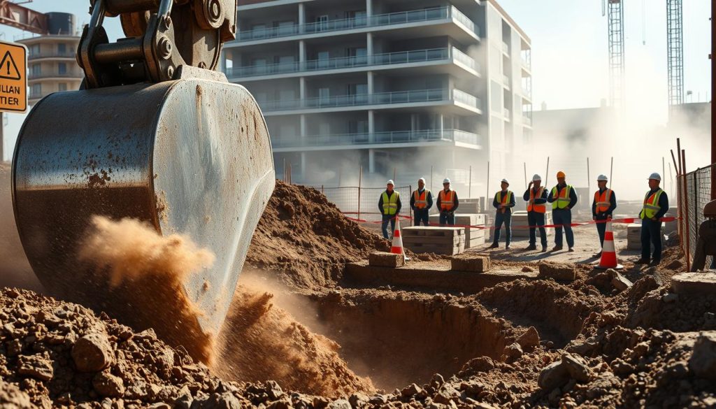A busy construction site showcasing an excavation process for underpinning. In the foreground, a large excavator with a shiny metal bucket is digging into the earth, with loose soil and dust visibly flying around, creating a hazy atmosphere. The middle ground features a group of workers in professional safety attire, wearing helmets and reflective vests, observing the excavation, while a dust cloud envelopes parts of the scene. In the background, partially excavated foundations of a building stand, flanked by safety barriers and construction signage. The scene is illuminated by natural daylight, casting strong shadows and highlighting the dynamic movement of the machinery. The overall mood is industrious and charged, encapsulating the noise and dust generated during the underpinning process. A busy construction site showcasing an excavation process for underpinning. In the foreground, a large excavator with a shiny metal bucket is digging into the earth, with loose soil and dust visibly flying around, creating a hazy atmosphere. The middle ground features a group of workers in professional safety attire, wearing helmets and reflective vests, observing the excavation, while a dust cloud envelopes parts of the scene. In the background, partially excavated foundations of a building stand, flanked by safety barriers and construction signage. The scene is illuminated by natural daylight, casting strong shadows and highlighting the dynamic movement of the machinery. The overall mood is industrious and charged, encapsulating the noise and dust generated during the underpinning process.