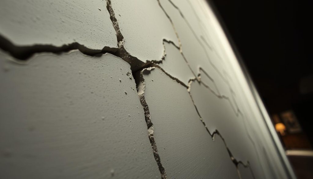 A close-up image of cracked walls inside a home, highlighting various types of fissures and fractures in the plaster and paint. In the foreground, focus on a prominent crack running down the wall, showcasing uneven edges and chipped paint. In the middle ground, reveal additional cracks of different lengths and depths, some with dust accumulating in the crevices. The background should subtly include a dimly lit corner of the room with faint shadows, enhancing the mood of concern and unease. Utilize soft, diffused lighting to bring attention to the texture of the cracks while maintaining a slightly dramatic atmosphere. Capture the scene from a slightly lowered angle to emphasize the verticality of the walls.