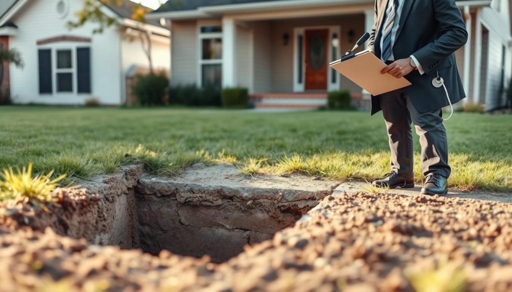 A close-up of a suburban home showing signs of foundation issues, with cracks in the walls and uneven floors. In the foreground, an expert in professional business attire inspects the foundation with a clipboard and a flashlight, focusing on the cracks. In the middle ground, a section of the foundation is exposed, revealing soil displacement and settling concerns. In the background, the yard shows healthy grass contrasting the foundation damage, hinting at the structural neglect. The scene is illuminated by soft afternoon light, creating a serious but hopeful mood, with a wide-angle perspective that emphasizes the home's condition and the expert’s assessment. The atmosphere feels informative and urgent, inviting viewers to consider the importance of underpinning warranties.