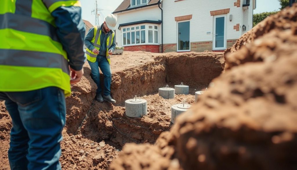 A close-up scene depicting a sturdy foundation being prepared for a home extension. In the foreground, construction workers in professional attire are meticulously examining the soil and foundation supports, showcasing their focus and expertise. The middle ground features a partially excavated site where concrete and steel reinforcements are being installed, highlighting the technical aspects of underpinning. In the background, the foundation of an existing house is visible, suggesting the home's stability during the extension process. The light is bright and natural, casting soft shadows, and the angle is slightly elevated to capture the entire scene. The atmosphere is industrious and serious, emphasizing the importance of quality underpinning work for safe and secure home extensions. A close-up scene depicting a sturdy foundation being prepared for a home extension. In the foreground, construction workers in professional attire are meticulously examining the soil and foundation supports, showcasing their focus and expertise. The middle ground features a partially excavated site where concrete and steel reinforcements are being installed, highlighting the technical aspects of underpinning. In the background, the foundation of an existing house is visible, suggesting the home's stability during the extension process. The light is bright and natural, casting soft shadows, and the angle is slightly elevated to capture the entire scene. The atmosphere is industrious and serious, emphasizing the importance of quality underpinning work for safe and secure home extensions.