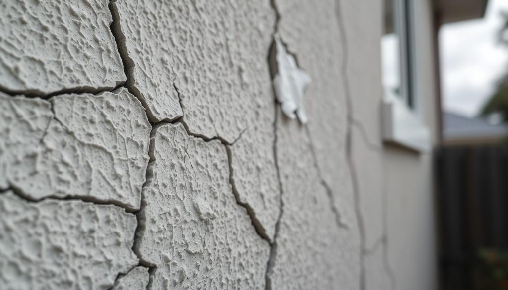 A close-up view of a Melbourne home's cracked wall, showcasing significant crack movement. In the foreground, clear vertical and horizontal cracks create an intricate pattern on textured render, with uneven edges suggesting ongoing shifts. The middle ground features a few patches of peeling paint, highlighting the effects of age and movement, while a faint outline of a window can be seen, lending context to the home. The background is softly blurred, hinting at an overcast day with diffused natural light illuminating the scene, creating a somber, reflective mood. Use a shallow depth of field to emphasize the wall's surface details, capturing wrinkles and textures that tell a story of ongoing structural changes. A close-up view of a Melbourne home's cracked wall, showcasing significant crack movement. In the foreground, clear vertical and horizontal cracks create an intricate pattern on textured render, with uneven edges suggesting ongoing shifts. The middle ground features a few patches of peeling paint, highlighting the effects of age and movement, while a faint outline of a window can be seen, lending context to the home. The background is softly blurred, hinting at an overcast day with diffused natural light illuminating the scene, creating a somber, reflective mood. Use a shallow depth of field to emphasize the wall's surface details, capturing wrinkles and textures that tell a story of ongoing structural changes.