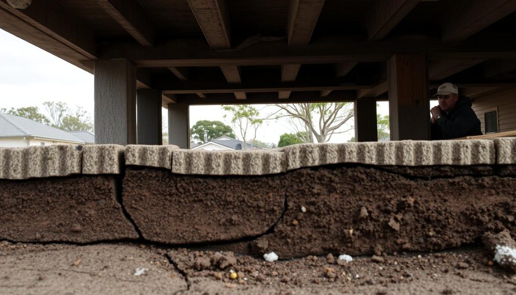 A close-up view of a building's foundation, showcasing layers of concrete and soil in various textures and colors, emphasizing signs of wear and potential instability. In the foreground, cracks and small debris are visible, indicating underlying issues. The middle ground features exposed support beams and construction materials, while the background reveals a typical residential setting in Frankston, with trees subtly silhouetted against a soft, cloudy sky. The lighting is natural and diffused, casting gentle shadows that accentuate the details of the foundation. The mood is serious yet informative, reflecting the importance of recognizing foundation issues before they worsen.