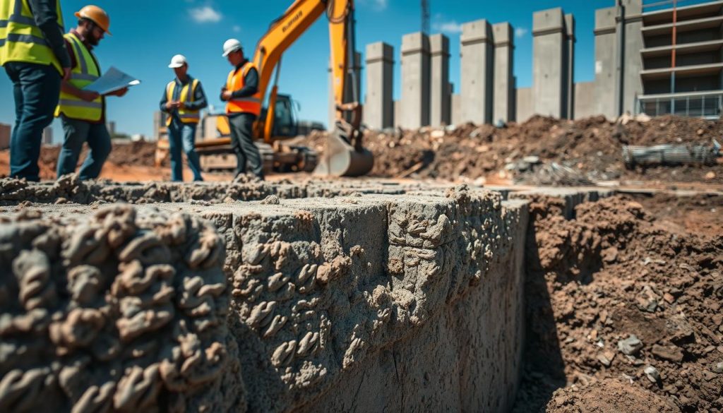 A close-up view of a concrete foundation being installed in a construction site, focusing on the rough texture of the concrete and the intricate steel reinforcements embedded within. In the foreground, show workers in professional attire discussing plans, wearing hard hats and safety vests. The middle ground features heavy machinery, like a concrete mixer and excavators, partially covered with dirt and debris, emphasizing the ongoing construction. The background displays partially constructed walls rising, against a clear blue sky, casting dynamic shadows on the site. The lighting is bright and natural, with soft shadows highlighting the textures of the concrete. The atmosphere conveys a sense of industriousness and precision, reflecting the meticulous process of underpinning structures in Manningham.