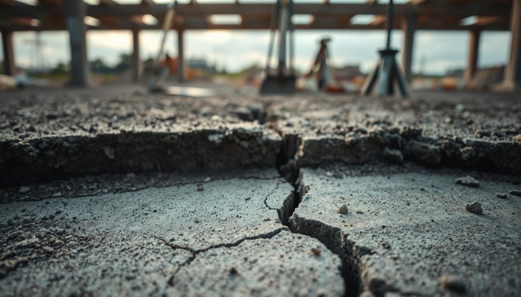A close-up view of a cracked concrete foundation, emphasizing noticeable signs of wear and vulnerability. The foreground showcases intricate detail of the fissures, hinting at structural instability, with fragments of concrete and gravel scattered around. In the middle ground, a darkened, shadowy layer reveals the bare earth beneath the foundation, accentuated by soft, diffused lighting that suggests early morning or late afternoon. The background features blurred outlines of a construction site with tools of the trade, such as shovels and hydraulic jacks, absorbing the ambient light of a cloudy day. The overall mood is one of caution and urgency, highlighting the importance of understanding structural risks.
