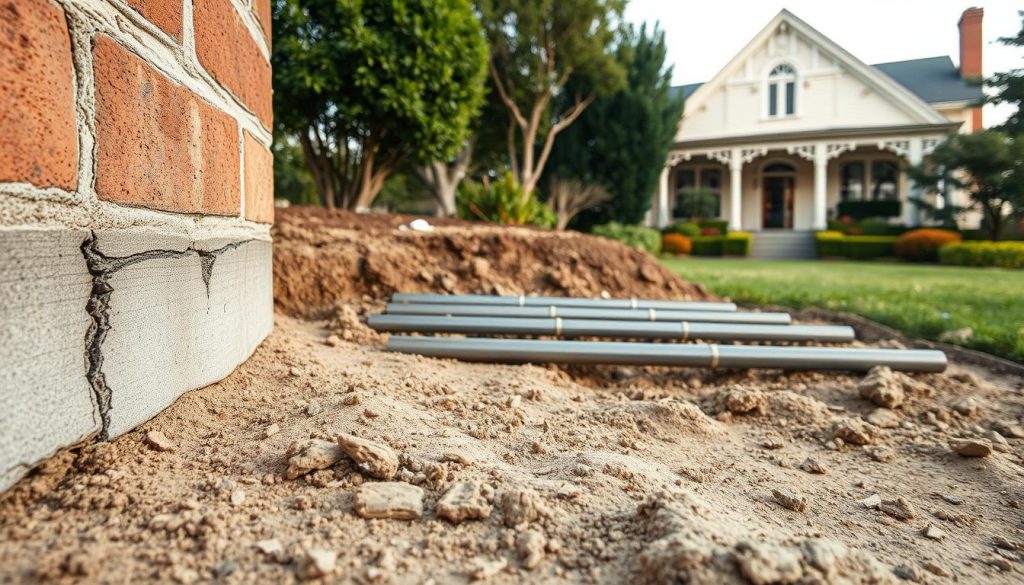A close-up view of a cracked foundation wall in a residential setting in Kingston, VIC, illustrating the need for underpinning. In the foreground, focus on visible cracks and shifting soil around the base of the wall, with dust and small debris. The middle ground should feature a partially exposed understructure with steel beams being inserted, showing the underpinning process. In the background, a well-maintained garden and a classic Victorian-style house, emphasizing the contrast between the home's beauty and the need for repairs. The lighting is soft and natural, suggesting early morning or late afternoon, casting gentle shadows to evoke concern about structural integrity. The mood is serious yet professional, highlighting a homeowner's awareness of foundation issues.