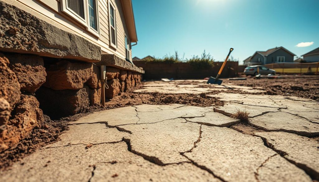 A close-up view of a damaged foundation in a residential setting, showcasing severe cracks and uneven surfaces. In the foreground, cracked concrete with visible signs of settlement and shifting soil can be seen. The middle ground features a partially excavated area revealing support beams, with tools such as shovels and measuring devices scattered around. In the background, a clear sky illuminates the scene with natural sunlight, casting soft shadows that highlight the foundation issues. The atmosphere is serious and technical, emphasizing the importance of foundation repair methods like underpinning and reblocking. The image is shot at a slight angle, using a wide-angle lens to capture the entire foundation structure, creating an informative yet visually engaging representation.