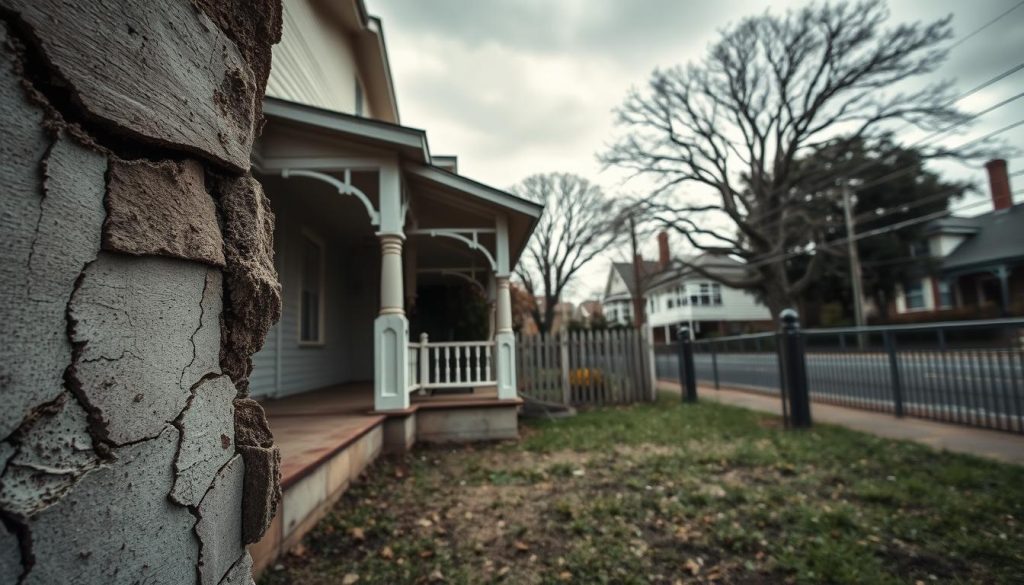 A close-up view of a dilapidated older Melbourne home showing clear signs of foundation issues. In the foreground, cracked walls with visible gaps and peeling paint, alongside a slightly tilted front porch. The middle ground features a sagging fence and unevenly settled landscaping, emphasizing instability. In the background, a typical Melbourne streetscape with mature trees and period architecture under a moody, overcast sky, casting soft diffused light, highlighting imperfections. The overall atmosphere conveys a sense of urgency and concern, with a focus on presenting the signs of damage before it worsens. Utilize a shallow depth of field to emphasize the foreground details while still capturing the contextual background.