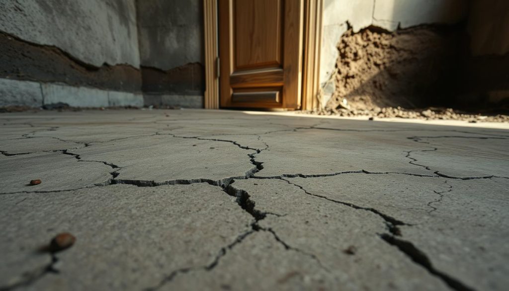 A close-up view of a distressed foundation showcasing signs of damage, featuring prominently cracked floors and walls. In the foreground, large visible cracks on a concrete floor, with some small pieces of debris scattered. The middle ground reveals a wooden door slightly ajar, with gaps at the hinges and cracks radiating outward. The background highlights a dimly lit basement with exposed soil indicating potential issues beneath the foundation. Soft, natural light filters through the scene, casting subtle shadows that emphasize the cracks and wear. The atmosphere is serious and urgent, reflecting the necessity for immediate foundation repair, with a focus on structural integrity and concern for safety.