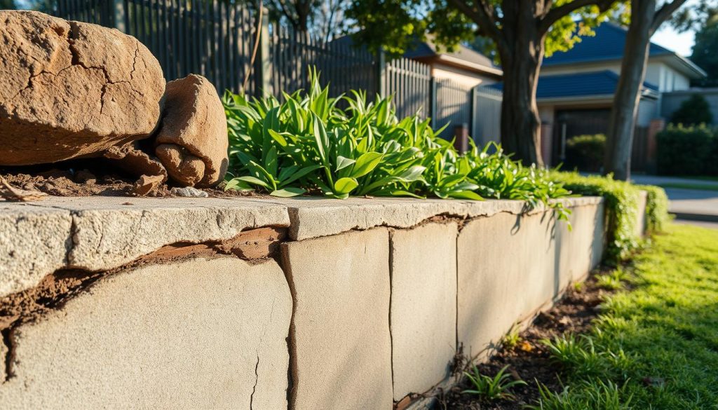 A close-up view of a distressed retaining wall in Melbourne, showcasing clear signs of deterioration such as cracks, bulging sections, and faded paint. In the foreground, a weathered concrete base with patches of soil erosion reveals the urgency for attention. The middle layer features a vibrant green garden with overgrown plants, juxtaposing the neglect of the wall, while a suburban Melbourne neighborhood establishes the background. The scene is illuminated by soft afternoon sunlight, casting gentle shadows on the wall, enhancing the textural details. Use a slightly tilted angle to create a dynamic perspective that emphasizes the wall's condition. The overall mood conveys a sense of urgency and the necessity for timely repair and maintenance.