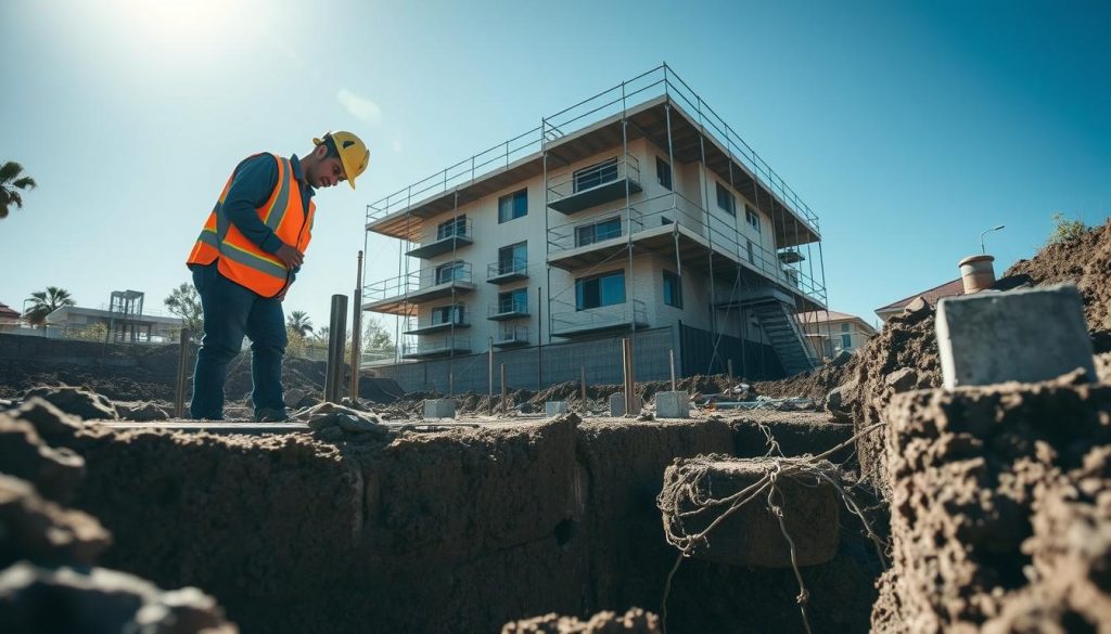 A close-up view of a foundation repair scene showcasing underpinning techniques in Melbourne. In the foreground, a skilled technician, dressed in a safety vest and helmet, carefully inspects deep foundation pits, surrounded by heavy machinery like hydraulic jacks and concrete supports. The middle layer features structural supports being installed, highlighted by stark shadows and natural light filtering through a blue sky. In the background, a Melbourne residential building under renovation stands, partially obscured by scaffolding. The atmosphere is industrious and focused, with a sense of professionalism and expertise in foundation repair work, emphasizing the importance of reliable underpinning techniques. The image captures dynamic angles, showcasing the intricate details of the foundation support process.