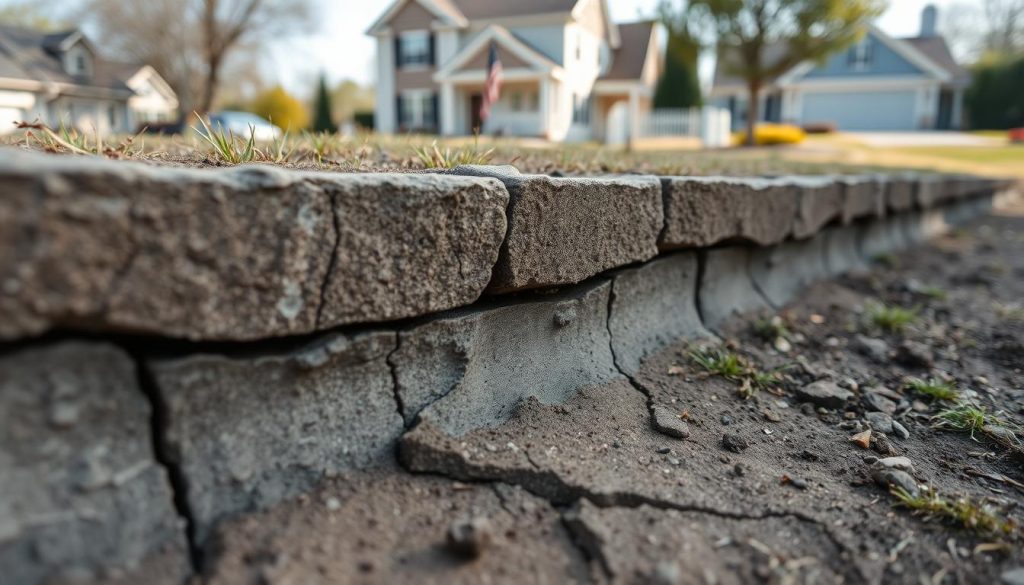 A close-up view of a foundation wall showing prominent, uneven cracks. In the foreground, the cracks extend across the concrete, revealing the wear and damage indicative of potential structural issues. The middle ground captures the damp earth below the foundation, with a few scattered small rocks and patches of grass. In the background, a suburban house is visible, slightly blurred to emphasize the focus on the cracks. Natural daylight illuminates the scene, creating soft shadows that enhance the texture of the cracks. The atmosphere is tense and urgent, conveying the seriousness of the structural concerns in a residential setting. A close-up view of a foundation wall showing prominent, uneven cracks. In the foreground, the cracks extend across the concrete, revealing the wear and damage indicative of potential structural issues. The middle ground captures the damp earth below the foundation, with a few scattered small rocks and patches of grass. In the background, a suburban house is visible, slightly blurred to emphasize the focus on the cracks. Natural daylight illuminates the scene, creating soft shadows that enhance the texture of the cracks. The atmosphere is tense and urgent, conveying the seriousness of the structural concerns in a residential setting.