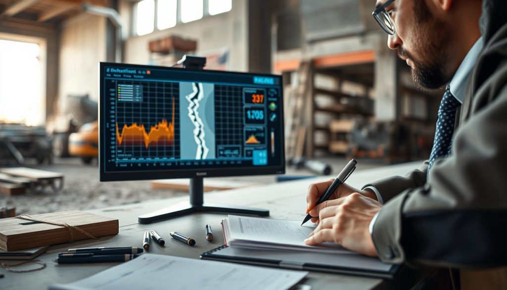 A close-up view of a geotechnical engineer in professional business attire, intently observing a digital display showing real-time data of crack movement in a concrete structure. The foreground features the engineer taking notes, with pens and a field notebook scattered on a sturdy workspace. In the middle, there is a high-tech data monitor, with graphs and numbers clearly visible, capturing the crack's progression. The background shows construction materials and site equipment, subtly implying an active worksite. The scene is illuminated by soft, natural light coming from an open window to create a focused yet calm atmosphere, emphasizing the meticulous nature of monitoring structural integrity. Capture the seriousness of data recording while maintaining a professional tone. A close-up view of a geotechnical engineer in professional business attire, intently observing a digital display showing real-time data of crack movement in a concrete structure. The foreground features the engineer taking notes, with pens and a field notebook scattered on a sturdy workspace. In the middle, there is a high-tech data monitor, with graphs and numbers clearly visible, capturing the crack's progression. The background shows construction materials and site equipment, subtly implying an active worksite. The scene is illuminated by soft, natural light coming from an open window to create a focused yet calm atmosphere, emphasizing the meticulous nature of monitoring structural integrity. Capture the seriousness of data recording while maintaining a professional tone.