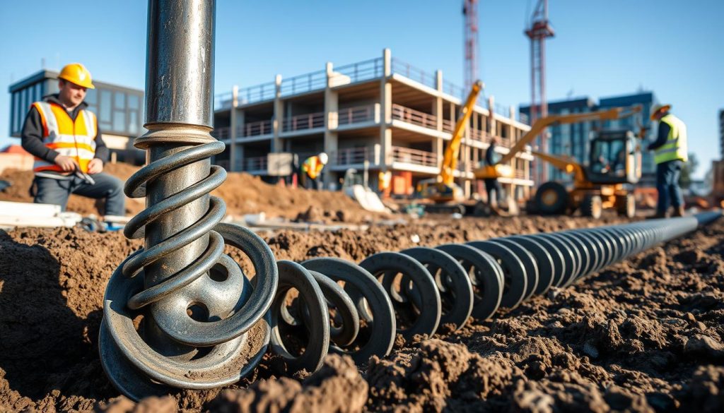 A close-up view of a helical pier underpinning foundation being installed in a construction site in Melbourne. In the foreground, showcase the intricate steel helical piers with their spiral blades embedded into the soil, demonstrating the anchoring process. The middle ground features construction workers dressed in professional safety gear, focused on their tasks with tools and machinery around them. In the background, include a partially constructed building and modern Melbourne architecture under a clear blue sky. Use natural lighting to enhance the details and textures of the materials, with a slightly elevated angle to capture the depth of the underpinning process. The mood should convey professionalism, innovation, and diligence in engineering practices. A close-up view of a helical pier underpinning foundation being installed in a construction site in Melbourne. In the foreground, showcase the intricate steel helical piers with their spiral blades embedded into the soil, demonstrating the anchoring process. The middle ground features construction workers dressed in professional safety gear, focused on their tasks with tools and machinery around them. In the background, include a partially constructed building and modern Melbourne architecture under a clear blue sky. Use natural lighting to enhance the details and textures of the materials, with a slightly elevated angle to capture the depth of the underpinning process. The mood should convey professionalism, innovation, and diligence in engineering practices.