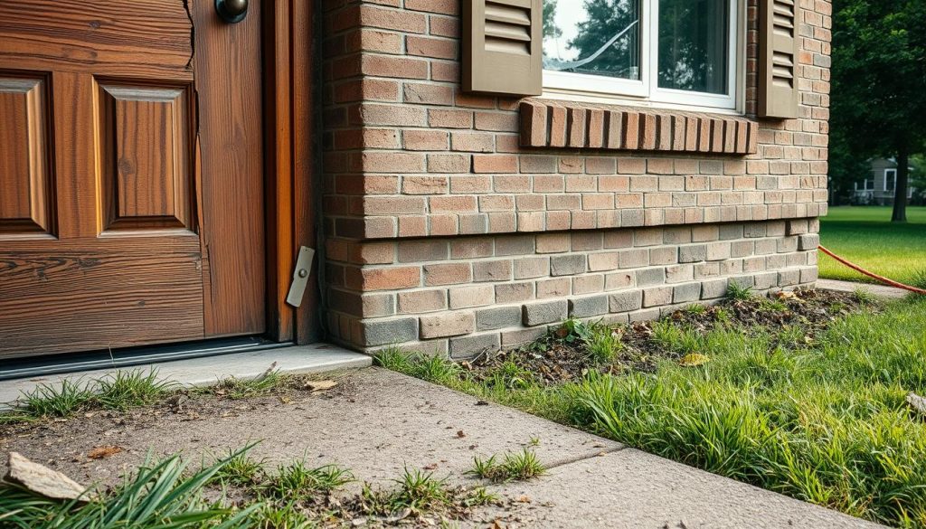 A close-up view of a house showing signs of foundation movement, focusing on the areas around the doors and windows. In the foreground, a slightly misaligned wooden door with visible gaps between the frame and structure, and a cracked window frame with peeling paint. The middle ground features a brick wall with noticeable horizontal and vertical cracks, and a settlement around the base of the house, suggesting shifting. In the background, a green lawn with some wilting grass due to drainage issues, under soft, natural lighting that enhances the texture of the surfaces. The scene conveys a sense of concern and urgency, illustrating the importance of recognizing these signs before further damage occurs, captured at a slightly lower angle to emphasize the house’s structure.