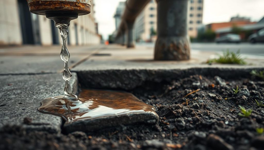 A close-up view of a leaking pipe amidst a concrete slab in Melbourne. In the foreground, droplets of water escape from a rusty, corroded pipe, pooling onto the surface of an uneven concrete slab that shows signs of movement and cracking. The middle ground captures details of the adjacent soil, slightly eroded and damp, with hints of grass and weeds. The background features a blurred urban setting, suggesting the environment of a Melbourne street with muted colors. Soft, diffused sunlight filters through a light cloud cover, casting gentle shadows that enhance the textures of the concrete and pipe. The mood is melancholic yet quietly urgent, illustrating the impact of infrastructure issues. The angle is slightly tilted to emphasize the chaos of the leak against the stability of the urban backdrop.