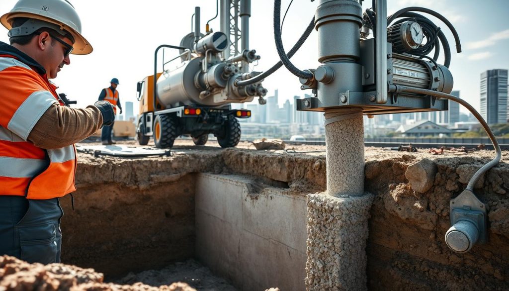 A close-up view of a professional team applying pressure grouting to a building foundation in Melbourne, showcasing a large, industrial-grade grouting pump in action. In the foreground, a technician in a hard hat and safety gear is directing the flow of grouting material. The middle ground features a partially excavated foundation, with visible cracks and voids being filled by the grouting process, demonstrating the effectiveness of pressure grouting. In the background, the Melbourne skyline is faintly visible, enhancing the urban context. Natural light filters through a clear sky, creating a focus on the worksite, highlighting the importance of precision and professionalism in this construction application. The mood should convey a sense of determination and expertise.