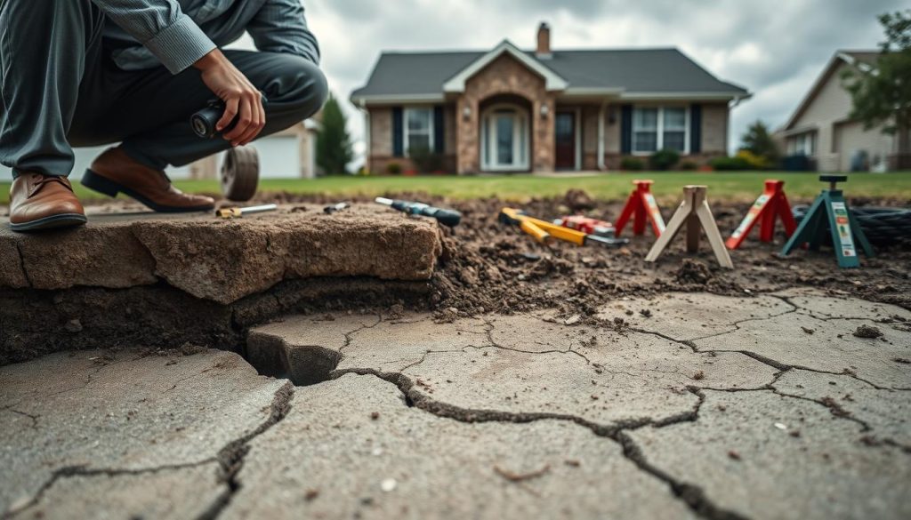 A close-up view of a residential foundation showing clear signs of distress, such as cracks, uneven surfaces, and soil erosion around the base. In the foreground, a professional contractor in smart casual attire examines the foundation, crouching down with a flashlight to inspect a wide crack. The middle ground features tools for foundation repair scattered around, like hydraulic jacks and measuring instruments. In the background, a suburban home shows slight tilt and misaligned doors, under a cloudy sky to evoke a sense of urgency. Soft, diffused lighting highlights the texture of the concrete and soil, creating a serious atmosphere that emphasizes the importance of addressing foundation issues.