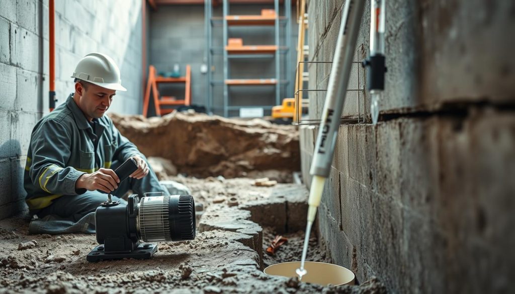 A close-up view of a resin injection process in a construction setting. In the foreground, a technician in professional work attire is seated near a foundation wall, focusing intently on a resin injection pump, with tubes and syringes prominently displayed. In the middle ground, a partially excavated area reveals cracks in the concrete, demonstrating the need for underpinning, while resin flows into the voids. The background features a well-lit construction site, with scaffolding and tools arranged methodically. Soft natural daylight filters through, casting gentle shadows and highlighting the texture of the concrete and resin. The scene conveys a sense of professionalism and precision, illustrating modern techniques in structural support and repair.
