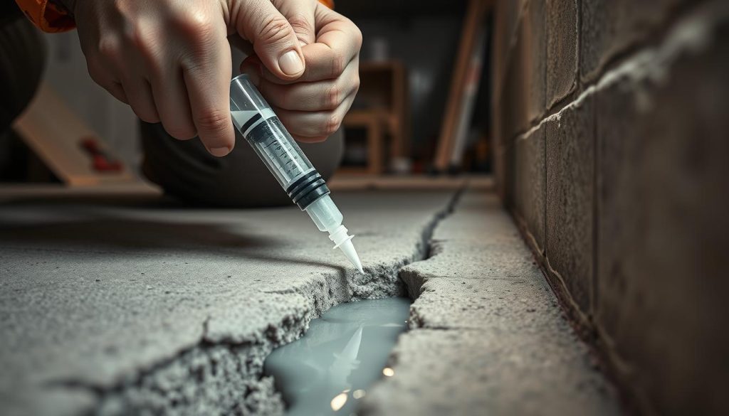A close-up view of a resin injection process within a foundation wall, showcasing a skilled technician in professional work attire, meticulously applying resin with a syringe into a crack. In the foreground, the technician’s focused hands are highlighted, emphasizing their grip on the syringe and the flowing resin. The middle ground features a partially filled crack in the concrete foundation, with the shiny, viscous resin pooling at the base. In the background, a dimly lit room hints at construction tools and equipment, creating a professional but slightly industrial atmosphere. The scene is illuminated by soft, diffused lighting to enhance the clarity of the resin and the texture of the concrete, with a slight depth of field to draw attention to the injection process, conveying a sense of precision and care.
