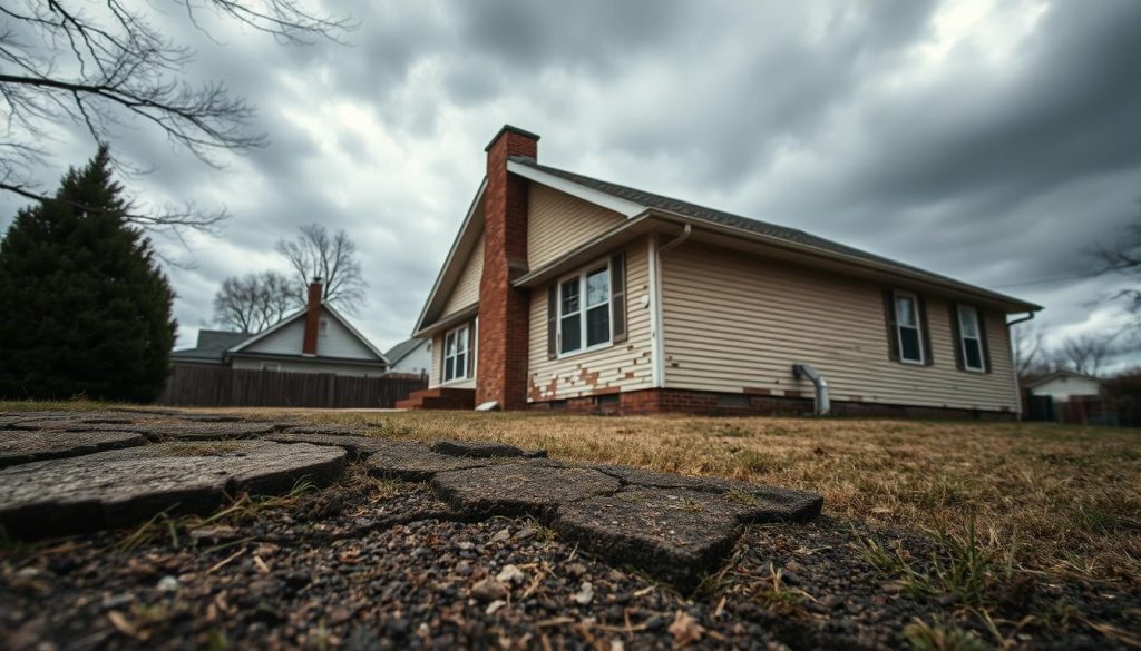 A close-up view of a suburban home showing clear signs of structural issues, such as uneven foundation and cracked walls. In the foreground, focus on prominent foundation cracks and a slightly raised corner of the house to emphasize the need for underpinning. In the middle ground, the house is depicted with peeling paint and a tilting chimney, representing neglect and the need for serious repairs. The background features a cloudy sky with moody lighting, casting shadows that accentuate the home's distressed state. The overall atmosphere is serious and slightly ominous, suggesting the urgency of addressing these structural concerns. The image should be taken with a wide-angle lens to capture the full essence of the house's condition, without any people present.