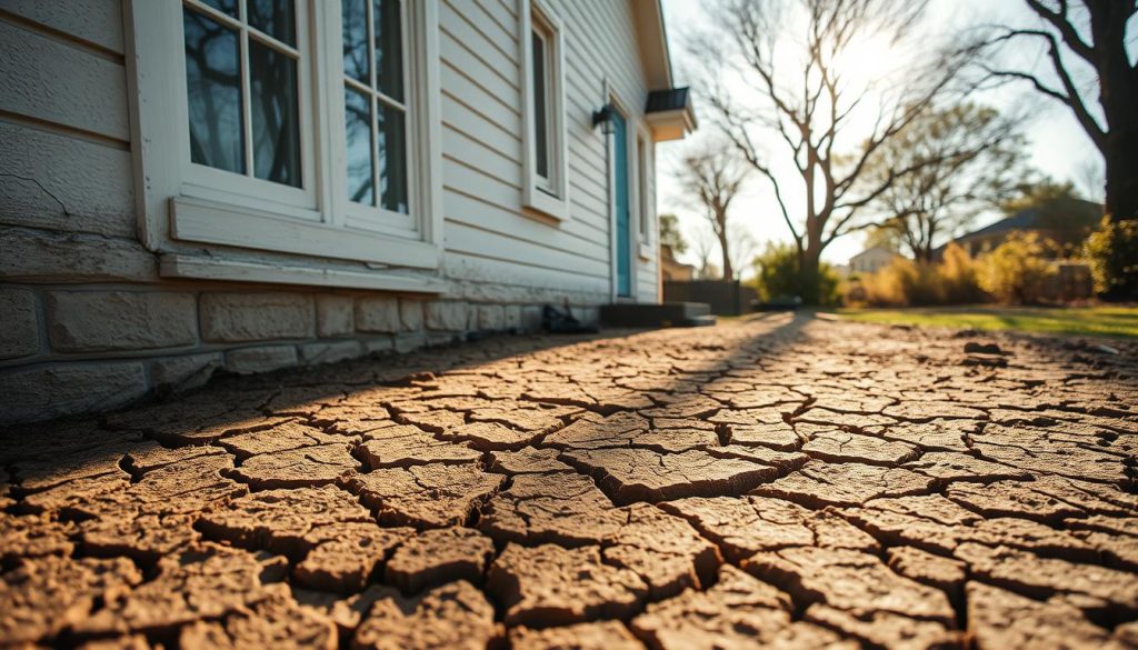 A close-up view of a suburban house showing signs of foundation issues, emphasizing visible cracks in the exterior walls, particularly around the windows and door frames. The ground features cracked clay soils typical of Nillumbik, with dry, sunbaked patterns highlighting the lack of moisture. In the background, a few trees and shrubs typical of the Nillumbik landscape provide context. The lighting is soft, creating a warm afternoon ambiance, with sunlight gently illuminating the textures of the soil and cracks. The angle is slightly tilted upward, focusing on the house's facade, creating a sense of urgency about the foundation problems. The overall mood is concerned yet informative, encouraging viewers to recognize the importance of addressing such signs.