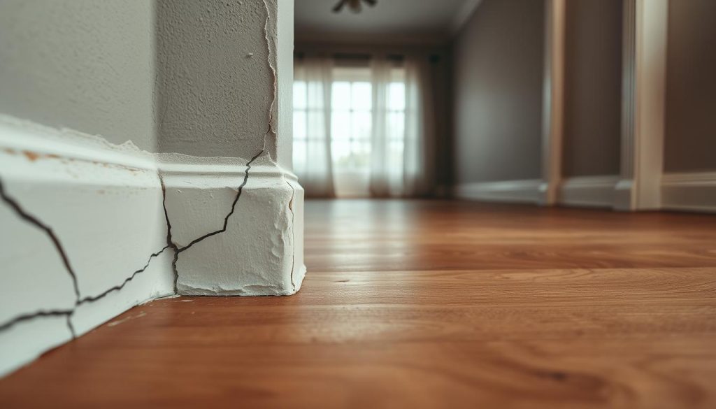 A close-up view of a wall and floor intersection in a home, showcasing noticeable cracks spreading along the surfaces. The foreground highlights fissures in the paint and plaster of the wall, with some cracks extending onto the laminate flooring. In the middle ground, subtle signs of wear and structural issues are visible, such as uneven flooring and minor bulges. The background remains softly blurred, depicting the interior of an unoccupied room with muted, natural lighting enhancing the texture of the surfaces. The atmosphere is tense and foreboding, suggesting underlying problems, with shadows deepening the visual impact of the cracks. The perspective is slightly angled to emphasize depth and detail, capturing the essence of movement and instability within the home.