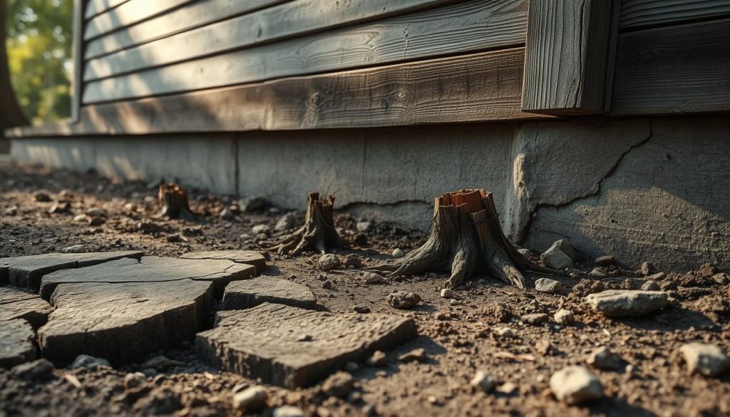A close-up view of a weatherboard home foundation showing visible cracks in the concrete, with the texture of aged wood siding in the background. In the foreground, a section of cracked floorboards leads to exposed soil revealing tree stumps and roots, indicating potential issues with subsidence. The ground is uneven, and small rocks are scattered around, enhancing the feeling of neglect. Soft, diffused afternoon sunlight filters through the trees, casting gentle shadows that accentuate the cracks and details of the foundation. The overall mood is one of concern and urgency, capturing the essence of a home in need of attention.