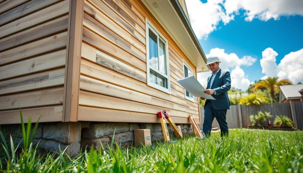 A close-up view of a weatherboard home in Melbourne showcasing the assessment process for securing its foundation. In the foreground, a structural engineer in professional attire examines a blueprint, focused and intent. The middle ground features the rustic textures of weatherboards and visible foundation work, with tools like a level and measuring tape placed strategically nearby. In the background, a bright blue sky contrasts against fluffy white clouds, signifying a clear day, while lush green grass surrounds the foundation, enhancing the overall positivity of the scene. Soft, natural lighting illuminates the details, casting gentle shadows that add depth. The mood conveys a sense of readiness and optimism, inviting homeowners to consider their foundation needs.