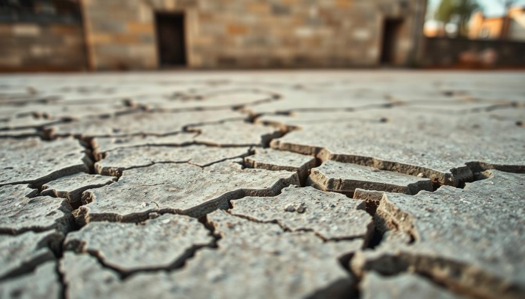 A close-up view of a weathered concrete foundation with visible cracks forming intricate patterns, symbolizing structural stress. In the foreground, focus on the jagged edges of the cracks, showcasing varying depths and textures. The middle ground features a slightly blurred backdrop of a unit block building, highlighting its age and need for underpinning. Soft, natural lighting casts gentle shadows, emphasizing the cracks and the wear on the concrete surface. Use a shallow depth of field to draw attention to the cracks, with a warm, earthy color palette to convey a sense of neglect and the importance of foundation repair. The overall mood should evoke concern and urgency, reflecting the need for specialized underpinning solutions.
