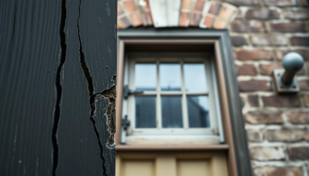 A close-up view of a weathered townhouse door in Melbourne, showcasing prominent cracks and sticky spots where the door frames meet the walls. In the foreground, focus on the detail of the cracks, emphasizing their jagged edges and worn wood texture. In the middle, include a slightly ajar window, revealing sticky hinges and a seal that appears damaged. The background should feature an old brick wall, hinting at the home's age with faded paint and wear. Use soft, diffused lighting to create a somber mood, capturing the essence of maintenance neglect. Angle the shot slightly from above to highlight the door's imperfections and emphasize the need for structural attention.