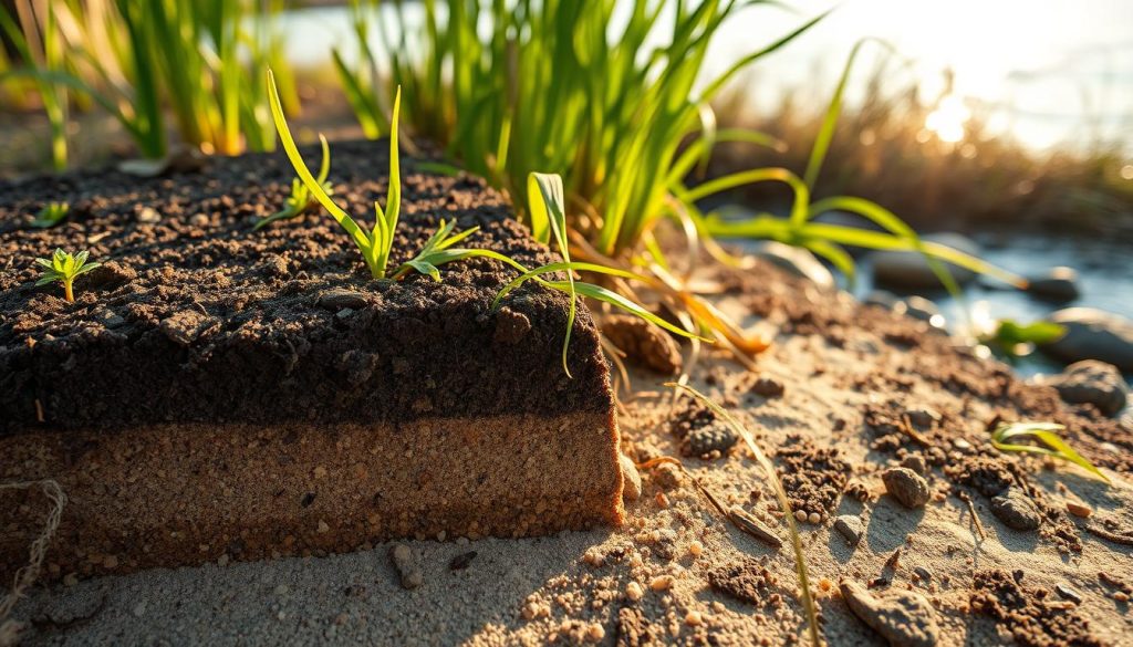 A close-up view of alluvial soil layers near the Yarra River, showcasing distinct characteristics such as fine silt and sand intermixed with small pebbles. In the foreground, include a soil profile cutaway that reveals rich, dark organic matter at the top, transitioning to lighter, sedimentary layers below. In the middle ground, depict lush vegetation typical of riverbanks, such as reeds and grasses, highlighting the vibrant green colors. The background should feature a serene view of the Yarra River, glistening under a soft golden hour sunlight, casting gentle reflections. Use a shallow depth of field to draw attention to the soil while softly blurring the background for a dreamy atmosphere. Capture the overall mood as calm and informative, ideal for an educational context.