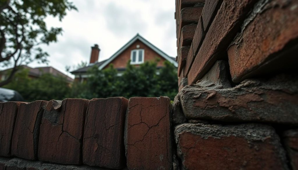 A close-up view of an exterior brick wall showing clear signs of wear, with prominent cracks and crumbling mortar. The foreground features a detailed view of deep cracks running vertically down the bricks, some with visible gaps revealing the underlying structure. In the middle ground, a classic Melbourne brick home can be seen, partially obscured by overgrown plants, emphasizing neglect. The background includes a cloudy sky casting soft, diffused light that highlights the textures of the bricks and the aged, weathered appearance of the wall. The overall mood is somber, with an unsettling atmosphere that suggests the need for urgent attention to the home’s foundation issues. The image should be composed with a slightly tilted angle to evoke a sense of disarray and concern.
