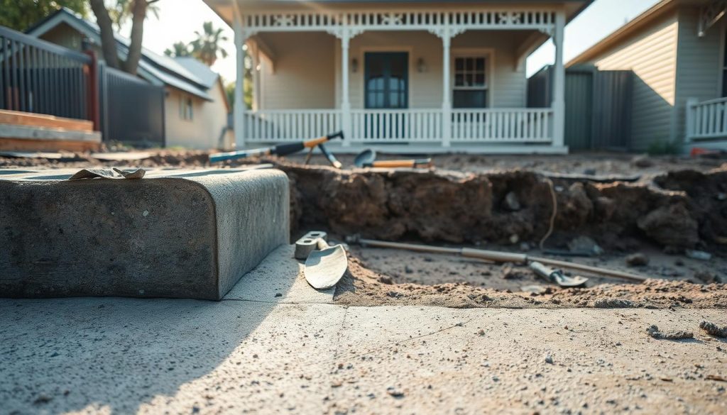 A close-up view of concrete underpinning at a weatherboard home, showcasing the intricate details of the foundation work. The foreground features a concrete slab with steel reinforcements, demonstrating the methodology for stabilizing mixed-construction properties. In the middle ground, highlight a partially excavated area with tools like shovels and hydraulic jacks arranged neatly, indicating an ongoing stabilization process. The background features a weatherboard house in Melbourne, with its characteristic architecture. Soft, diffused sunlight filters through early morning mist, creating a calm and professional atmosphere. Capture this scene from a low-angle perspective to emphasize the depth of the foundation work, while maintaining a focused lens to accentuate the texture of the concrete and wood materials used in the construction.