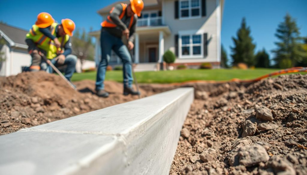 A close-up view of concrete underpinning being installed at the foundation of a house. In the foreground, showcase workers in professional safety gear, such as hard hats and reflective vests, diligently excavating the ground and pouring concrete. The middle ground features the newly applied concrete underpinning, highlighting its smooth texture and structural integrity. In the background, depict a suburban setting with a well-maintained house, green lawns, and clear blue skies to suggest stability and protection. Utilize natural lighting to emphasize the concrete's details, capturing the scene from a low angle to give a sense of depth and importance. The atmosphere should evoke a sense of reliability and professionalism in home construction.