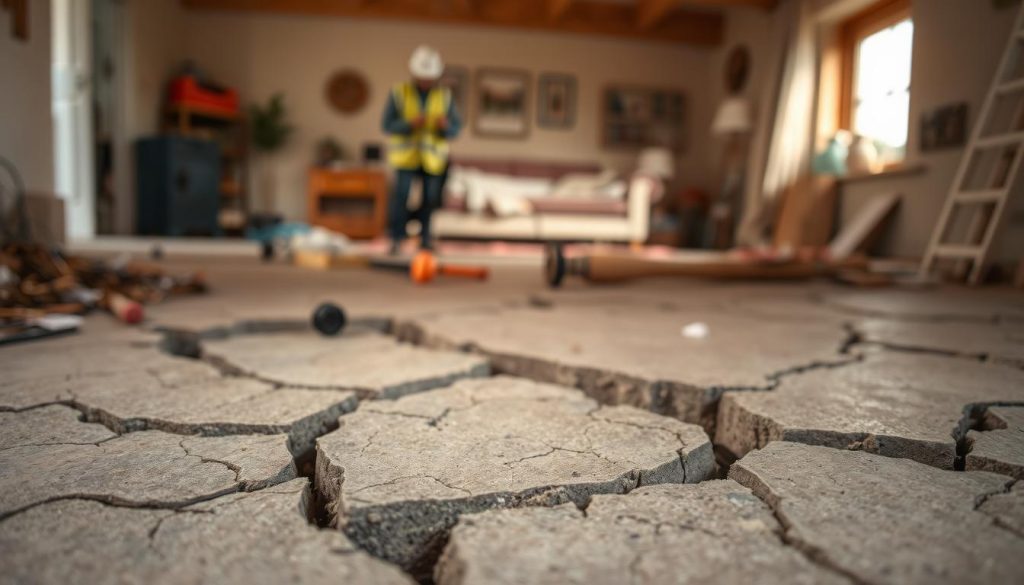 A close-up view of cracked foundation floors inside a Stonnington home, showcasing distinct jagged cracks with varying depths. In the foreground, a fragment of cracked concrete reveals signs of settling. The middle ground features scattered debris and construction tools to imply an ongoing repair process, while a soft-focus image of a professional engineer inspecting the cracks is visible, dressed in a safety vest and hard hat. The background is a blurred interior scene of a home, hinting at a cozy living space. The lighting is warm and natural, illuminating the cracks and highlighting structural details. The mood is one of urgency and professionalism, emphasizing the importance of addressing foundation issues for long-term stability.
