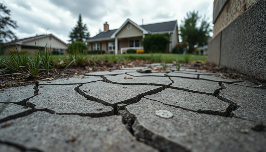 A close-up view of cracked foundation in a residential setting, highlighting various types of cracks—vertical, horizontal, and stair-step patterns on concrete walls. In the foreground, show prominent cracks with some small debris, emphasizing age and structural distress. The middle ground features a typical suburban home, partially obscured by overgrown grass and marginal landscaping, suggesting neglect. The background includes a cloudy sky, hinting at impending rain, which enhances the mood of urgency. Use soft, diffused lighting to minimize harsh contrasts, creating a somber atmosphere. The angle should be a slightly low perspective, giving an impactful view that draws attention to the foundation issues, while ensuring the scene feels realistic and relatable.