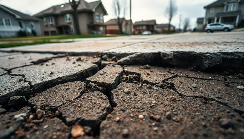 A close-up view of cracked soil and pavement, showcasing distinct fissures and gaps that reflect the effects of groundwater movement and soil instability. In the foreground, focus on a series of deep, jagged cracks, with small pebbles and fragments of earth scattered around them. The middle ground features a weathered concrete sidewalk, partially broken and lifting at the edges, illustrating the impact of subsidence. In the background, soft-focus residential buildings affected by the instability can be seen, partially obscured by an overcast sky. The lighting is moody and diffused, suggesting an early morning or late afternoon atmosphere that conveys a sense of quiet urgency. Use a slightly elevated angle to capture the depth of the cracks while maintaining a clear focus on the textures and details present in the damaged surfaces.