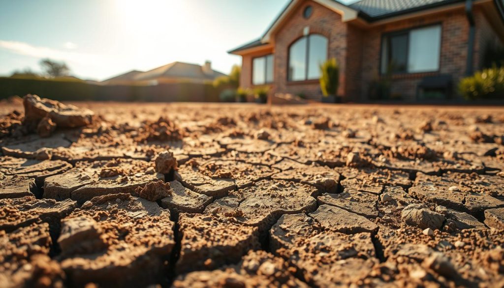 A close-up view of cracked soil in a residential setting, showcasing distinctive fissures and uneven ground to illustrate the impact of reactive clay on foundations. In the foreground, focus on deep cracks spreading across the dry earth, with clumps of brown dirt creating a textured landscape. In the middle ground, a portion of a suburban home is visible, featuring typical Melbourne architecture, with brickwork and well-maintained garden beds. The background includes a clear blue sky with soft, warm sunlight casting gentle shadows, evoking a hopeful atmosphere. Use a shallow depth of field to emphasize the cracks while softly blurring the house. The overall mood should be informative yet inviting, highlighting the need for awareness of foundation issues related to reactive clay.