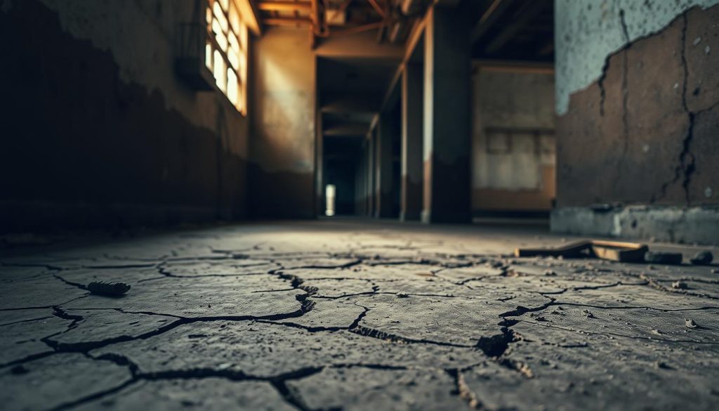 A close-up view of cracked walls and floors in a dimly lit, abandoned building. In the foreground, thick, jagged cracks snake across a weathered concrete floor, with debris scattered nearby. The middle ground features peeling paint on the walls and large fissures running from the floor up to the ceiling, hinting at underlying structural issues. A shaft of soft, golden light filters through a broken window, casting dramatic shadows that emphasize the cracks. The background remains blurred, suggesting a long hallway lined with more distressed walls and floors, creating a sense of unease. The overall mood is ominous and foreboding, capturing the warning signs of neglect and potential danger within the architectural space.