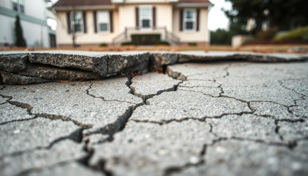 A close-up view of cracks in a concrete foundation, showcasing a network of uneven fissures spreading across the surface. In the foreground, sharp details of the cracks reveal varying depths and widths, emphasizing signs of structural distress. The middle ground features a partially collapsed section of the foundation, with exposed rebar adding to the sense of urgency. The background is a blurred image of a suburban home, hinting at normalcy, contrasting with the alarming state of the foundation. Soft, diffused natural light illuminates the scene, casting subtle shadows that enhance the texture of the cracks. The overall atmosphere is tense and critical, visually illustrating the concept of urgent repairs needed for home safety.