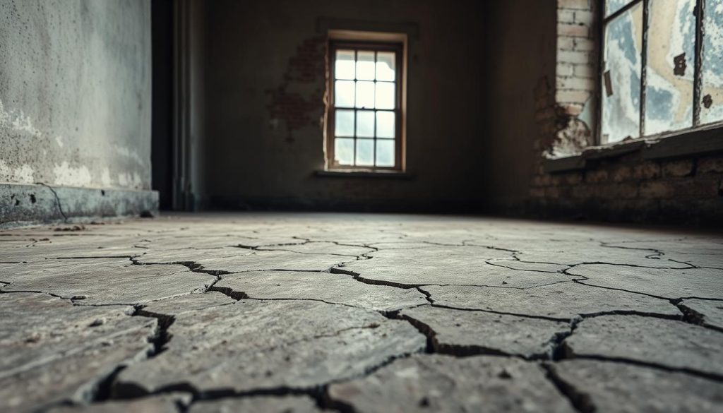A close-up view of cracks in walls and floors, highlighting structural issues indicative of subsidence. In the foreground, jagged cracks radiate across a weathered concrete floor, revealing uneven surfaces. The middle ground features a wall with deep fissures, showing distress signs such as peeling paint and exposed brick. The background includes a room with dim, natural lighting filtering through a dusty window, casting soft shadows that enhance the mood of neglect and instability. The scene is framed at a slight angle, emphasizing the depth of the cracks while maintaining a professional atmosphere suitable for an informative article.
