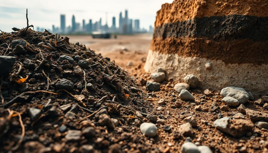 A close-up view of diverse soil conditions in a Melbourne construction site, focusing on layers of clay, sandy soil, and rocky substrates. In the foreground, showcase rich, dark topsoil interspersed with roots and small rocks, exhibiting texture and moisture. In the middle ground, illustrate compacted earth with visible geological features, emphasizing its impact on construction stability. In the background, include a faint outline of Melbourne's city skyline under a soft, diffused daylight, creating a calm, professional atmosphere. Use a macro lens perspective to highlight intricate soil details, with even lighting that enhances the textures while maintaining a clear focus. The mood should convey a sense of seriousness and diligence relevant to underpinning cost factors.