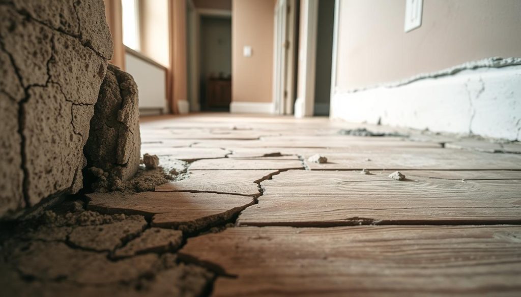 A close-up view of foundation cracks in a residential building, showcasing significant damage to walls and floors. In the foreground, highlight vertical and horizontal cracks spidering across the plaster and concrete, with small gaps revealing the ground beneath. The middle ground features warped wooden floorboards, with subtle light filtering through a nearby window, casting shadows that accentuate the imperfections. In the background, hint at dimly lit corners, suggesting a neglected environment. The lighting is soft and natural, creating a somber yet serious mood, ideal for emphasizing the urgency of structural concerns. Use a slightly tilted angle to evoke a sense of instability, focusing on the foundations that require attention. No people or objects should distract from the central theme of damage.
