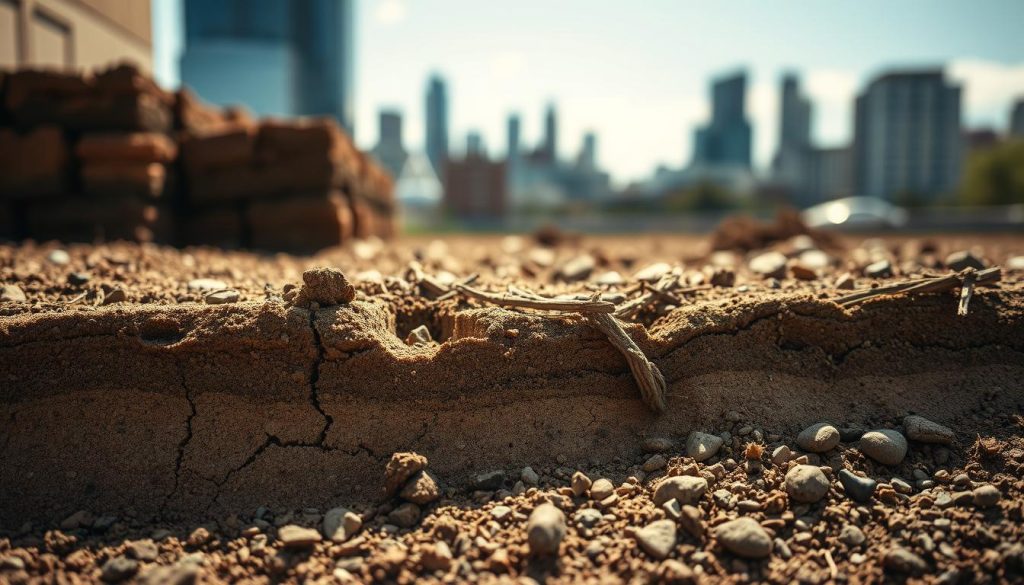 A close-up view of foundation soil, showcasing layers of clay, sand, and gravel to emphasize various soil textures. In the foreground, a beautifully detailed cross-section reveals cracks and moisture levels that hint at potential stability issues. The middle ground features subtle signs of pressure damage in the soil structure, with small rocks and roots intermingled, hinting at the need for underpinning. The background presents a blurred image of Melbourne’s skyline under soft daylight, providing context to the urban setting. The atmosphere is informative yet slightly concerning, highlighting the importance of soil health for safety and peace of mind. Utilize natural lighting, focusing on the textures and colors of the soil. The viewpoint should be slightly elevated, as if the viewer is examining the ground closely, creating a thoughtful, analytical mood.