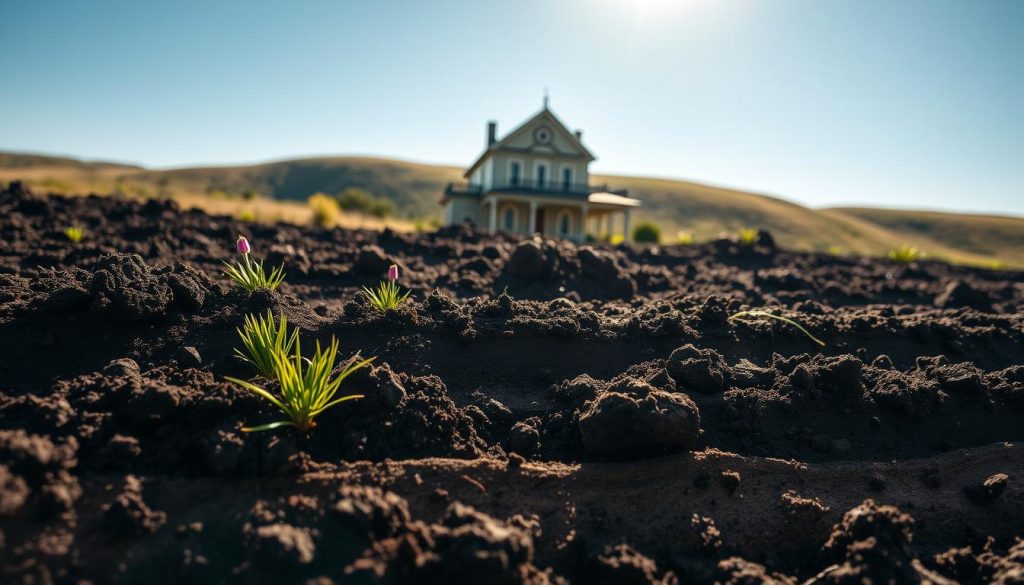 A close-up view of freshly dug soil in Yarra, showcasing distinct layers of rich, dark topsoil, lighter subsoil, and compact clay below. In the foreground, small, vibrant native plants like grasses and flowering weeds peek through the soil, symbolizing local flora. The middle ground features a symbolic house structure with a typical Yarra architectural style, such as a classic Victorian with ornate detailing, blending harmoniously with its environment. In the background, the gentle rolling hills are bathed in soft, diffused sunlight, casting a warm glow and creating a serene atmosphere. The scene is captured from a low angle, emphasizing the soil's textures and the relationship between the earth and architecture, reflecting a tranquil, earthy mood under a clear blue sky.