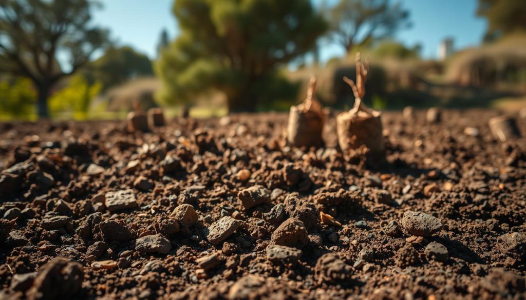 A close-up view of rich, dark soil showcasing varied soil conditions in Frankston, Australia. In the foreground, detailed textures of the soil reveal small fragments of rocks, organic matter, and root systems. The middle ground features a few soil cores extracted for examination, demonstrating different layers of soil composition. In the background, there are subtle outlines of well-established trees and shrubs, typical of the local flora, under soft, natural sunlight filtering through a blue sky. The focus is sharp on the soil, creating a sense of depth in the image. The atmosphere should feel earthy and informative, inviting viewers into a professional exploration of soil conditions. The lighting is warm, enhancing the rich colors and details of the soil, perfect for educational purposes.