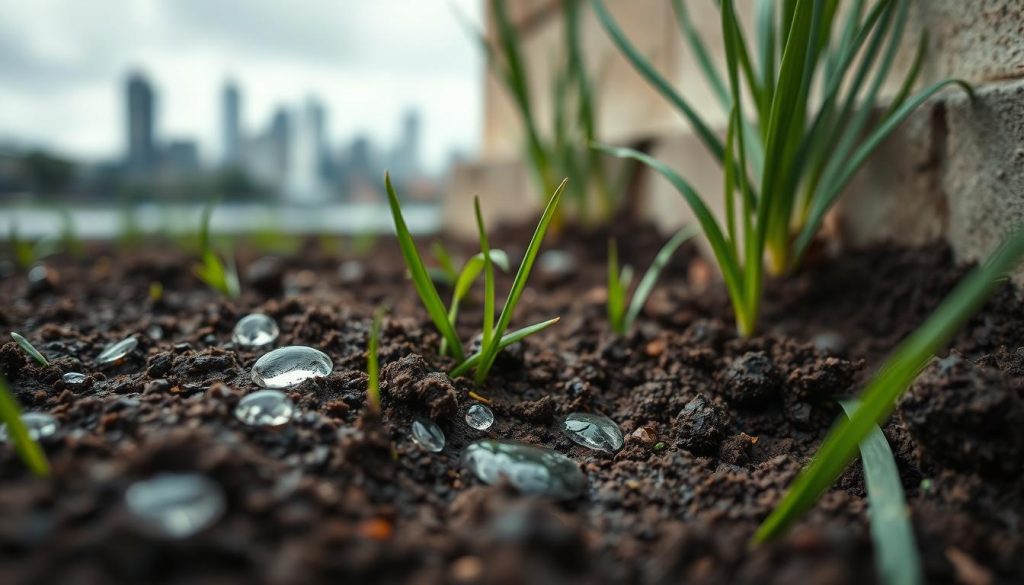 A close-up view of saturated soil demonstrating moisture content, with droplets clustering on individual blades of grass. In the foreground, focus on rich, dark soil that shows signs of compaction around the roots, giving a vivid representation of excessive moisture. The middle ground features a slightly cracked foundation, with subtle signs of movement visibly affecting the structure. In the background, a blurred image of a rainy Melbourne skyline adds context to the scene. The lighting is soft, emulating overcast skies with a slight sheen on surfaces to accentuate wetness and humidity. The mood is reflective and slightly somber, capturing the seriousness of drainage issues related to foundation stability. The image does not contain any text or watermarks.